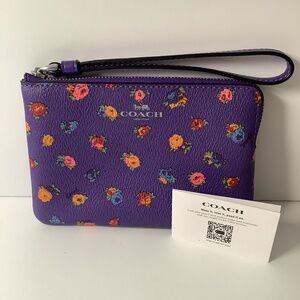 COACH Purple Floral Corner Zip Wristlet Wallet Credit Card I.D. Case